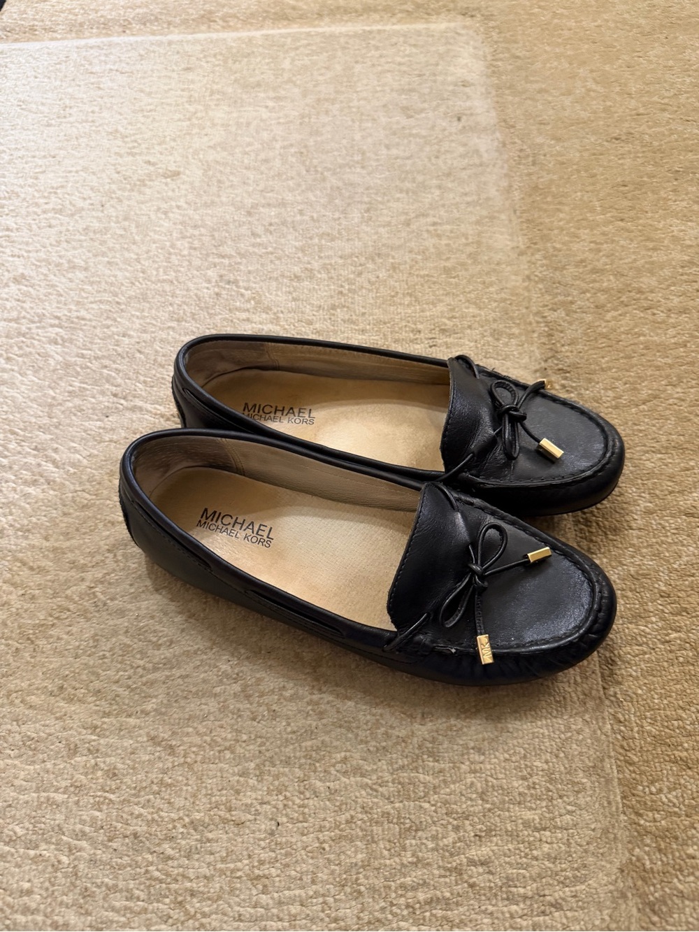 Michael Kors Black Leather Moccasin Loafers with Gold Accents